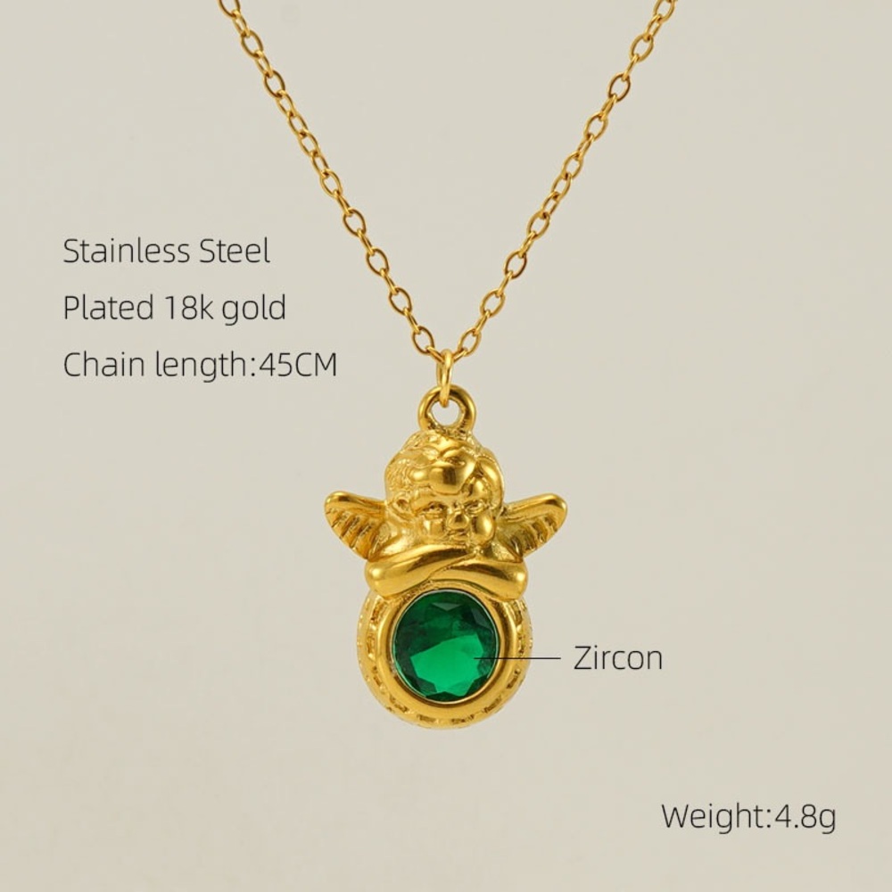 18K Gold Plated Guardian Angel Necklace*Emerald Green Zircon*Waterproof*LW